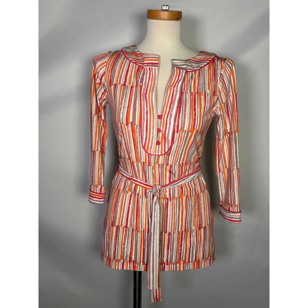 BCBGMAXAZRIA Womens Orange Pink Striped Belted Tunic Top‎ XS FGH1D128